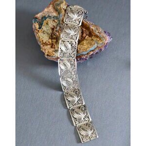 Antique Art Deco 850 Silver Filigree Floral Panel Link Bracelet 7.5" Box Clasp